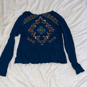 Turquoise long sleeve embroidered top